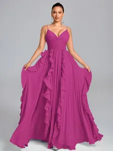Elegant magenta pleated spaghetti strap evening dress with ruffle details floor length