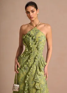 Elegant green floral pleated halter gown with romantic ruffles for evening events