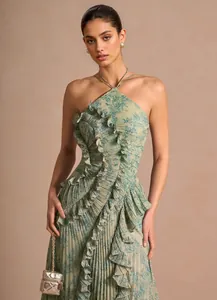 Elegant sage green floral pleated halter dress with ruffles for formal evening events
