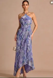 Elegant purple floral pleated halter neck evening maxi dress with layered ruffle detailing
