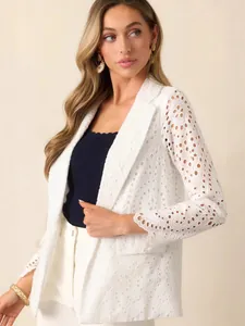 Elegant white hollow-out slim fit blazer for women, fashionable autumn eyelet jacket