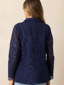 Navy blue eyelet lace blazer with hollow-out design shown from the back