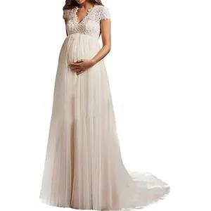 Elegant white lace maternity wedding dress with high waist and small tulle train.