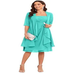 Elegant turquoise two-piece evening dress set with matching short-sleeved shawl wrap
