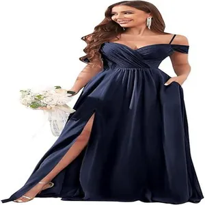 Long navy blue satin evening dress with off-shoulder neckline and side slit