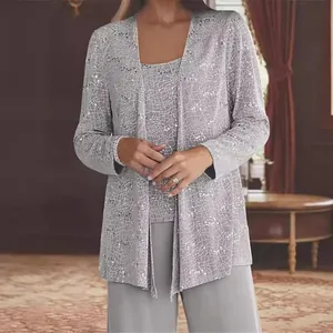 Detail view of grey sequined lace cardigan and trousers two-piece set for women.