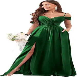 Elegant dark green off-shoulder pleated satin evening gown with high side slit for weddings.