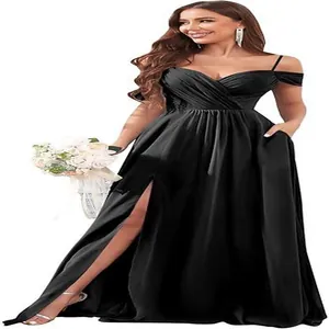 Elegant black off-the-shoulder long bridesmaid dress featuring a high slit and pockets