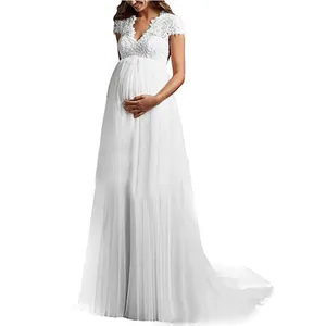 Elegant white maternity wedding dress with lace bodice and pleated chiffon skirt detail
