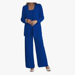 Elegant royal blue three-piece evening set with lace cardigan and wide-leg chiffon pants
