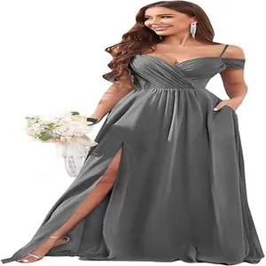Elegant long off-the-shoulder evening dress with side slit and pleated detail.