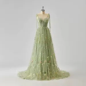 Elegantes Abschlussballkleid mit Blumenstickerei und Spaghettiträgern Langes Tüll Abendkleid in A-Linie für Hochzeitsbankett Party Damen Formelle Kleidung