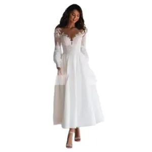 Elegante abito da sposa bianco in pizzo a maniche lunghe per sposa, vestibilità slim
