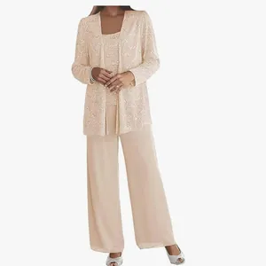 Elegant champagne lace chiffon three-piece suit with sequined cardigan and wide-leg pants