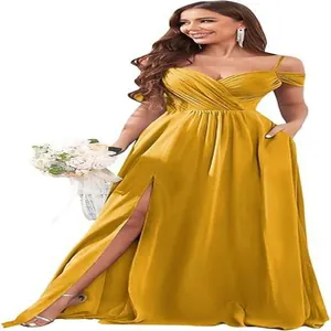 Elegant yellow off-shoulder long bridesmaid dress featuring pleated bodice and slit