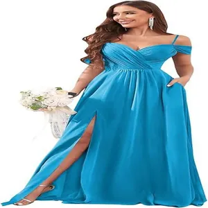 Detail of light blue pleated bridesmaid dress with high slit and off-shoulder straps