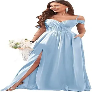 Elegant light blue off-the-shoulder bridesmaid dress with high slit and pleated bodice.
