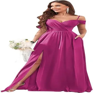 Detail of magenta off-the-shoulder bridesmaid dress with pleated bodice and high slit