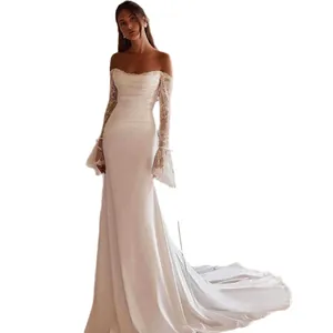 Elegant off-the-shoulder mermaid wedding dress with lace sleeves and small train