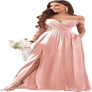 Pink off-the-shoulder long bridesmaid dress with high slit and pleated bodice detail