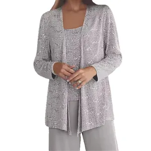 Elegant silver grey lace two-piece set with sequins and long sleeve cardigan for women