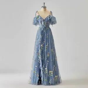 Women Floral Embroidery Slip Evening Gown Tulle Ruffle Cold Shoulder A-Line Maxi Dress For Party Banquet Host Dress