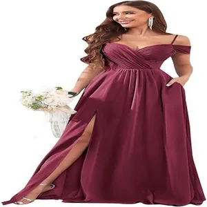 Detail of burgundy off-shoulder pleated bridesmaid dress featuring a high slit for weddings