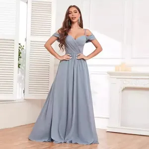 Women Off Shoulder Long Bridesmaid Dress Elegant Pleated High Slit Slim Fit Polyester Maxi Evening Party Wedding Gown
