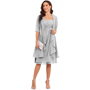 Elegant grey strapless cocktail dress with matching chiffon shawl for evening parties