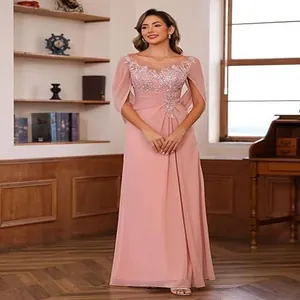 Elegant dusty rose lace chiffon evening gown featuring applique bodice and cape sleeves