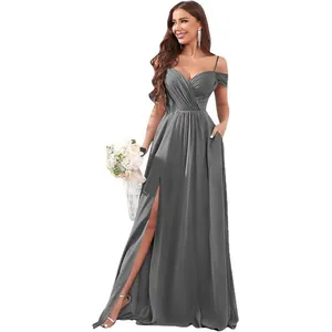 Elegant grey off-the-shoulder bridesmaid dress featuring a long pleated skirt and side slit