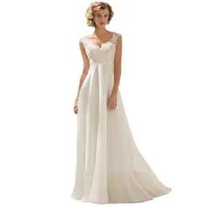Elegant white lace wedding dress with a slim silhouette and flowing A-line skirt