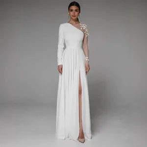 Abito da Sposa Asimmetrico a Manica Singola da Donna Vestibilità Slim Spacco Alto Abito da Sera in Poliestere con Applicazione Ricamata a Foglia
