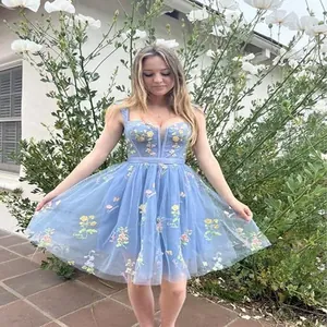 Light blue short floral embroidered prom dress with spaghetti straps and tulle skirt.