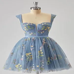 Elegant light blue short cocktail dress featuring floral embroidery and a slim corset top.
