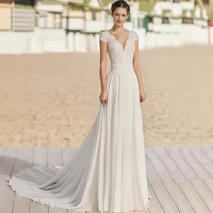 Abito da Sposa Elegante da Donna Scollo a V in Pizzo Bianco Chiffon Maxi Abito Slim Fit Matrimonio in Spiaggia con Piccolo Strascico