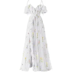 Elegant white floral embroidered V-neck evening gown with ruffled sleeves and long skirt
