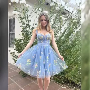 Elegant light blue spaghetti strap short tulle evening dress with floral embroidery