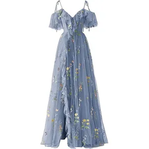 Elegant dusty blue V-neck evening gown featuring delicate floral embroidery and ruffled sleeves.