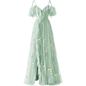 Elegant mint green V-neck evening gown featuring floral embroidery and ruffle sleeves