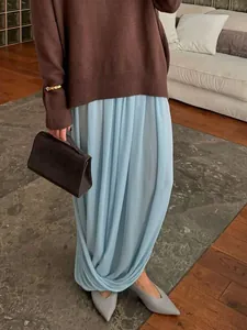 Jupe Maxi Élégante en Mousseline Plissée Taille Haute Ligne A Jupe Longue pour Femmes Bureau de Banlieue Jupe en Polyester Couleur Unie