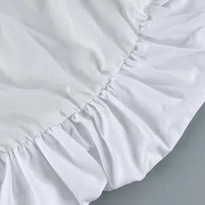 Close-up of the elegant gathered ruffle detail on a white cotton high-waist bubble skirt