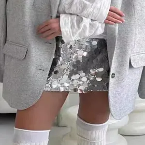 Glamorous high waisted silver sequin mini skirt for party wear and fashion events