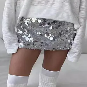 Sexy silver high-waisted sequin bodycon mini skirt for fashion parties and events