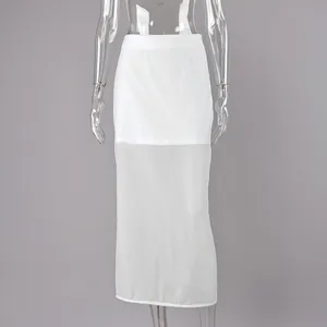 Elegant white high-waist perspective midi skirt with sheer mesh hem detail for women