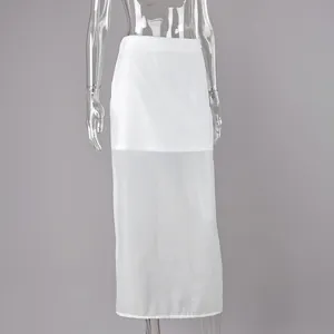 Detailed close-up of a stylish white high-waisted skirt with sheer mesh panelling