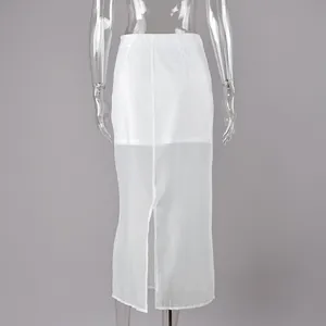 Back view of a white high-waisted sheer midi skirt featuring a stylish center slit.