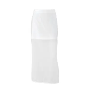 Detailed view of an elegant white high-waisted mesh skirt featuring a solid inner lining