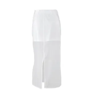 Detailed full-length front view of a white sheer high-waisted midi skirt with a front slit
