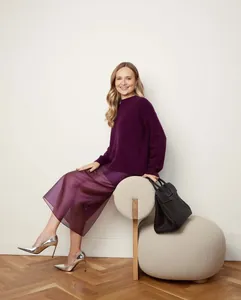 Elegant purple sheer mesh high-waisted midi skirt styled with a cozy sweater.